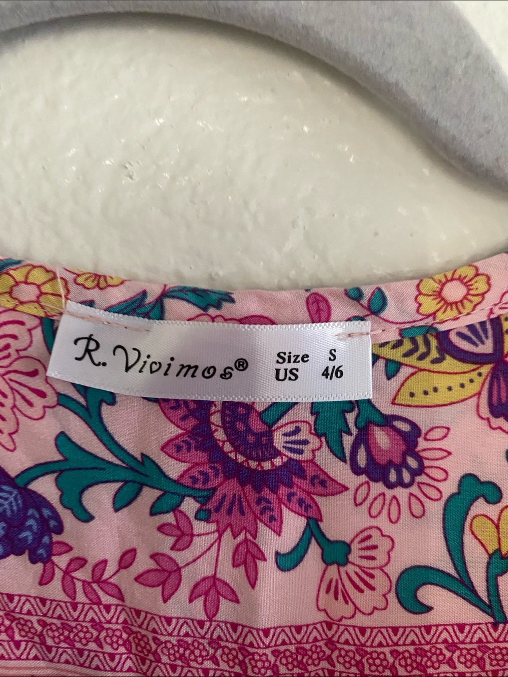 R VIVIMOS Bohemian Pink Floral Tie-Front Midi Dress. Size S - Picture 7 of 9